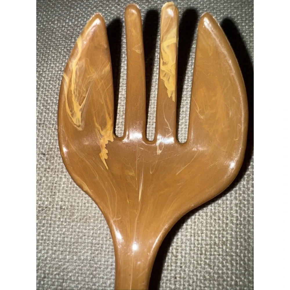 Vintage Imperial USA PlasticServing Spoon‎ And Fork Marbled Butterscotch 8 1/2